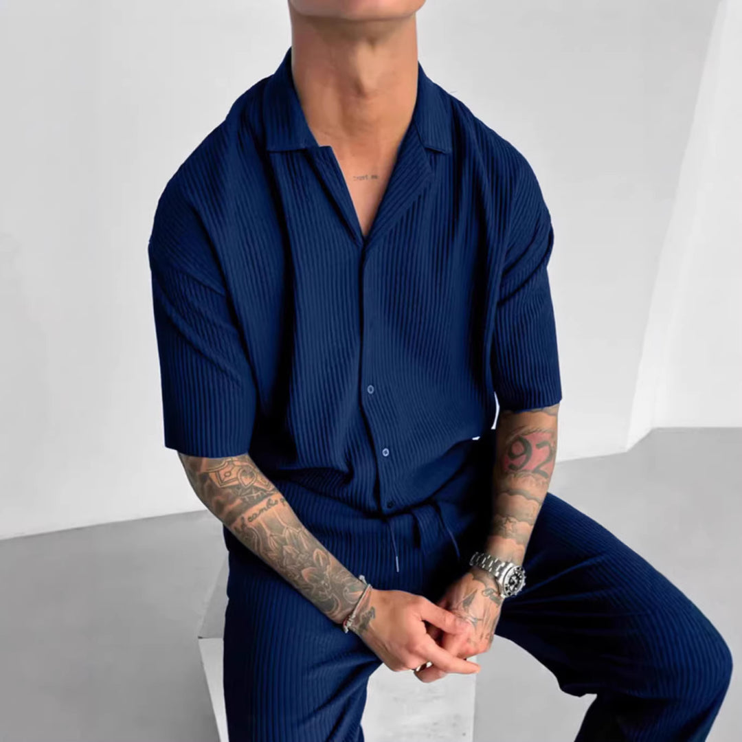 Mens Solid-Color Short-Sleeve Casual Cardigan Shirt