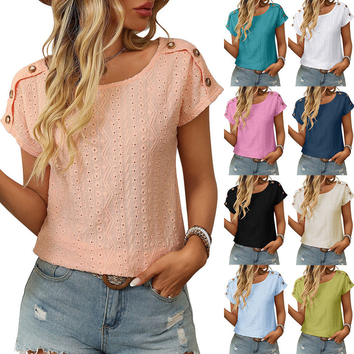 Womens Crew-neck Hollow-out Short-sleeve T-shirt