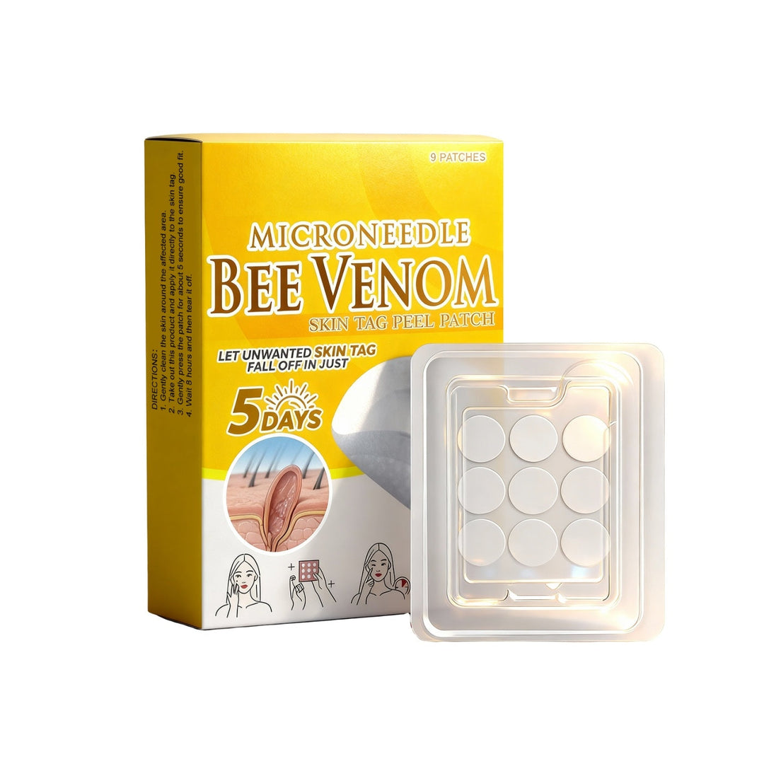 Skin Tag Peel Patch package with 9 nursing stickers showing key ingredients bee venom and tea tree oil