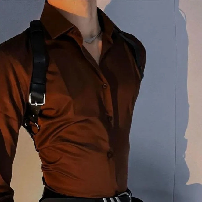 Men's business casual suit brown long sleeve shirt coffee color polyester cardigan