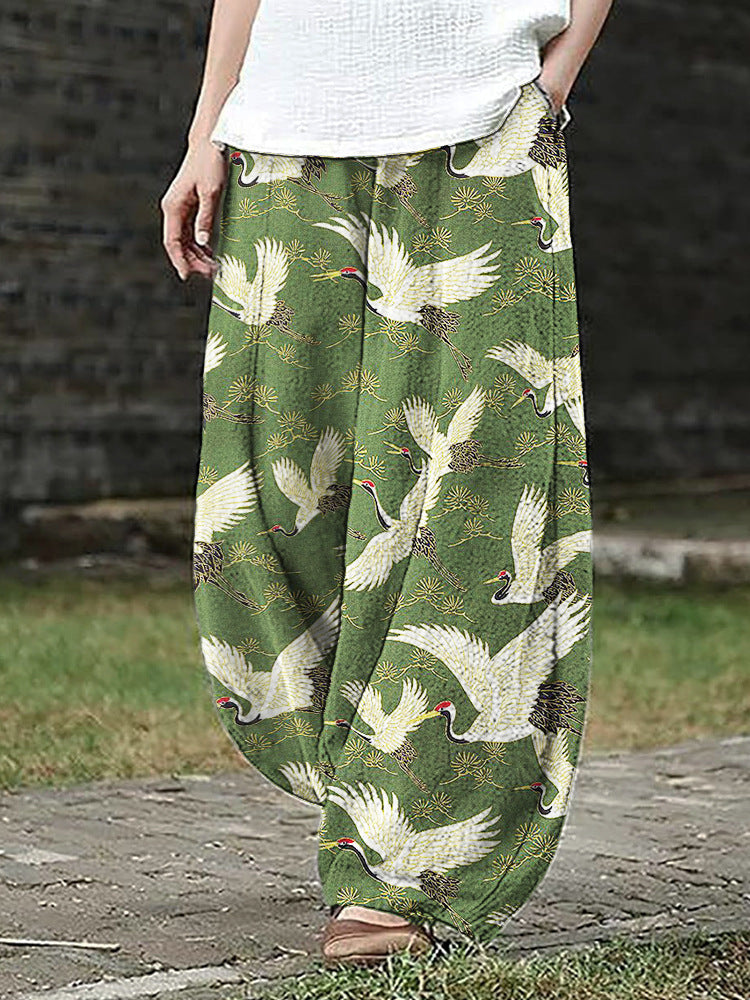 Womens Retro Artistic Floral Print Casual All-Match Pants