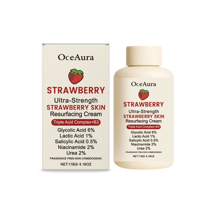Strawberry Skin Rejuvenating Cream tube with strawberries and green leaves background