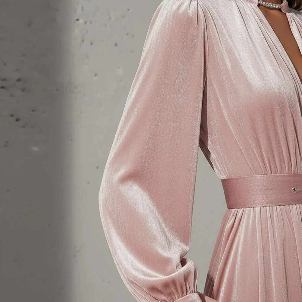 Slimming Waist-cinched Long Dress In Solid Color With A V-neck And Gold Velvet Fabric