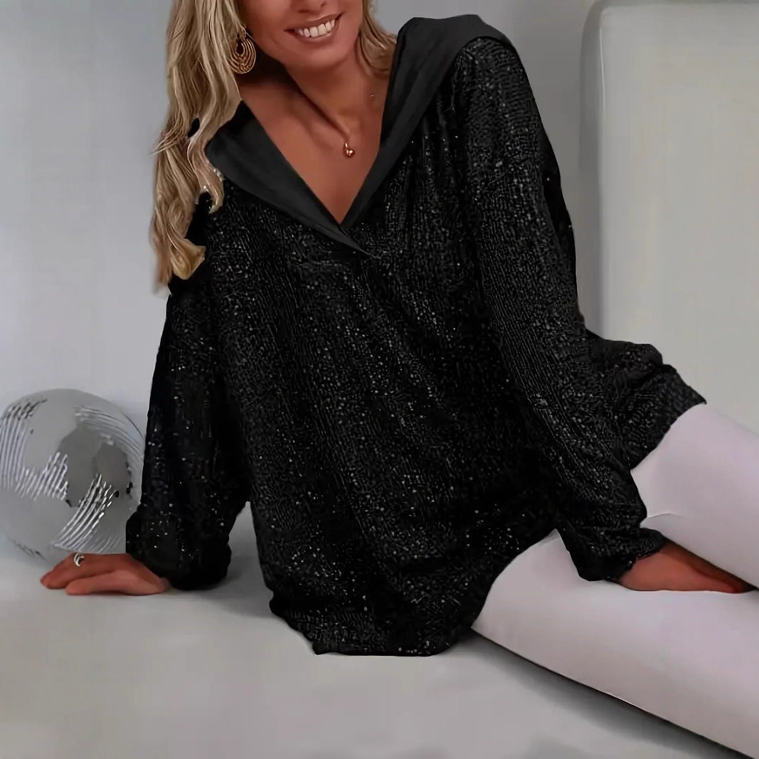 Womens Relaxed Fit Sequin Hoodie