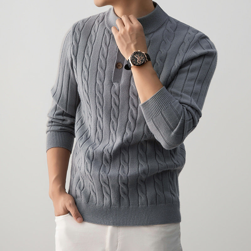 Half-height Henry Collar Button Twisted Sweater Thick Fashion Men's Knitwear
