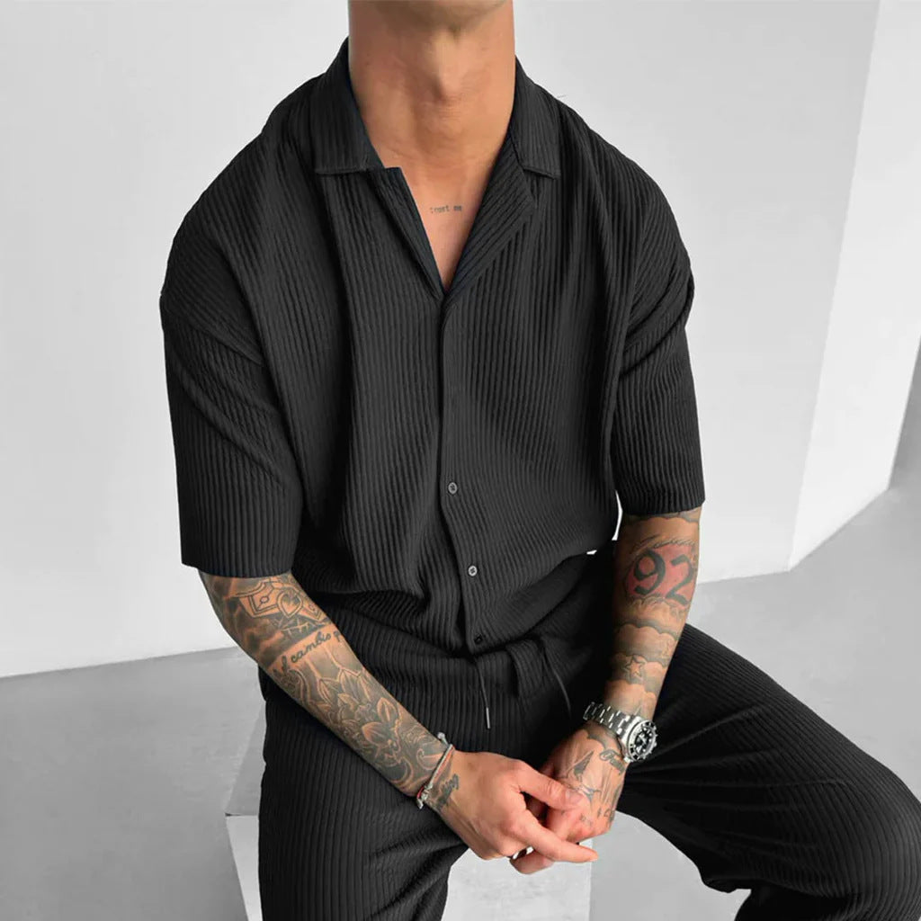 Mens Solid-Color Short-Sleeve Casual Cardigan Shirt