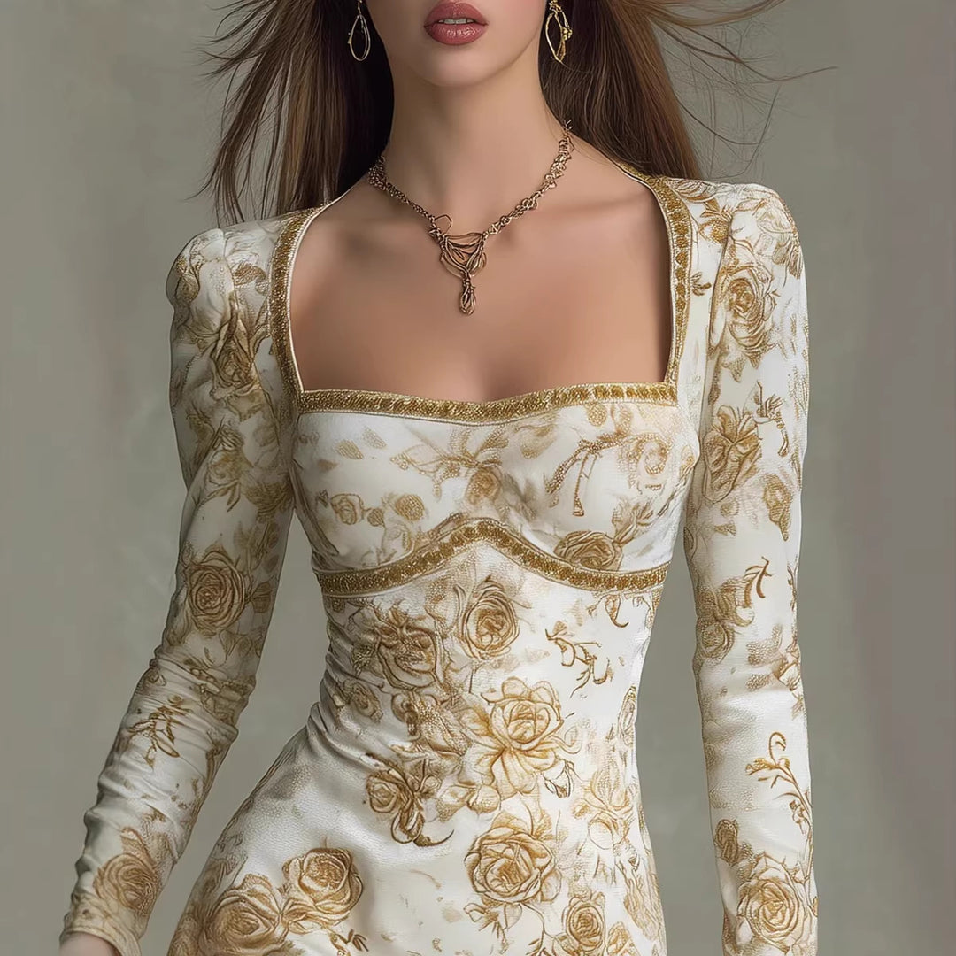 French Retro Floral Print Square-Neck Backless Dress