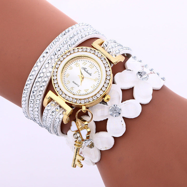 Gold crystal rhinestone bracelet watch with gold alloy case and quartz movement
