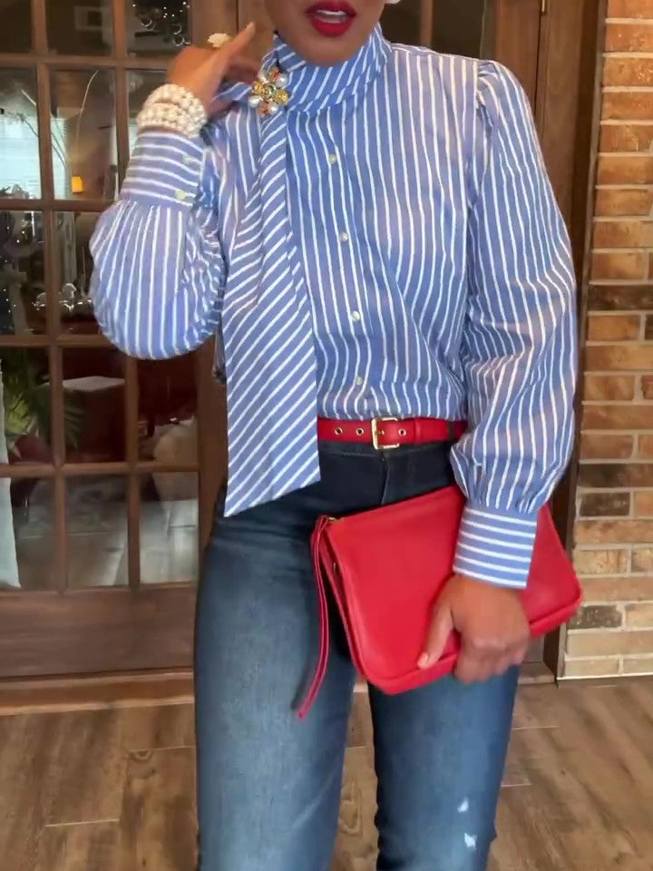 Blue & White Striped Removable Bow Tie Long Sleeve Shirt