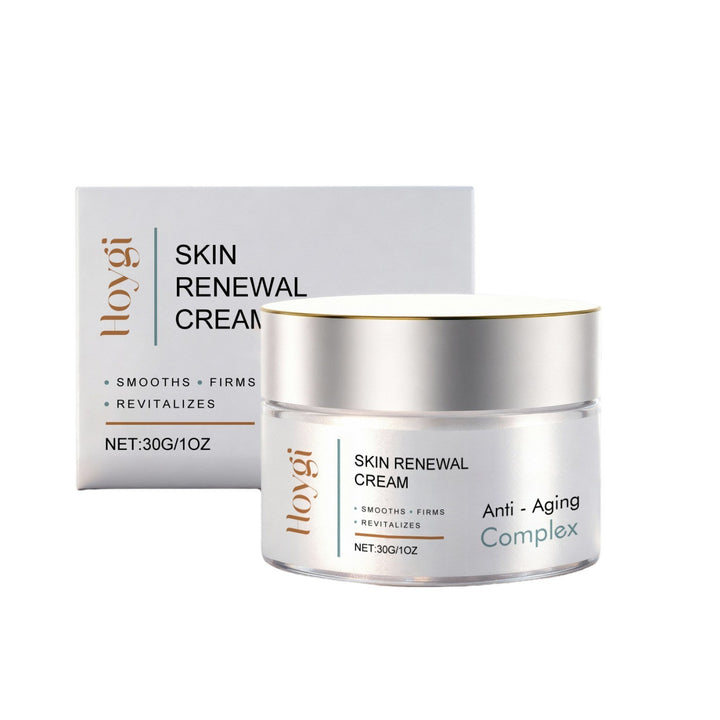 Jar of Skin Renewal Cream with ingredients list including hyaluronic acid and tocopherol