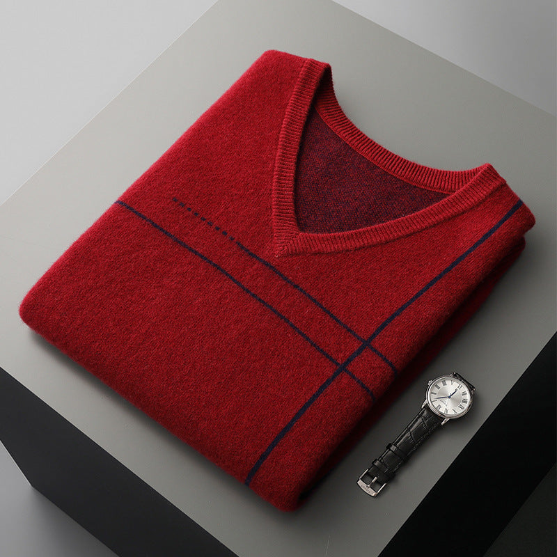 Men's striped pullover V-neck sleeveless knitted wool top in dark gray, camel, and red colors with a loose fit for youth adults