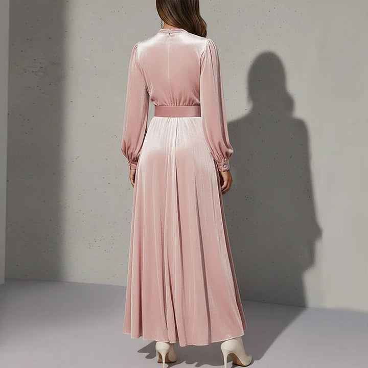 Slimming Waist-cinched Long Dress In Solid Color With A V-neck And Gold Velvet Fabric