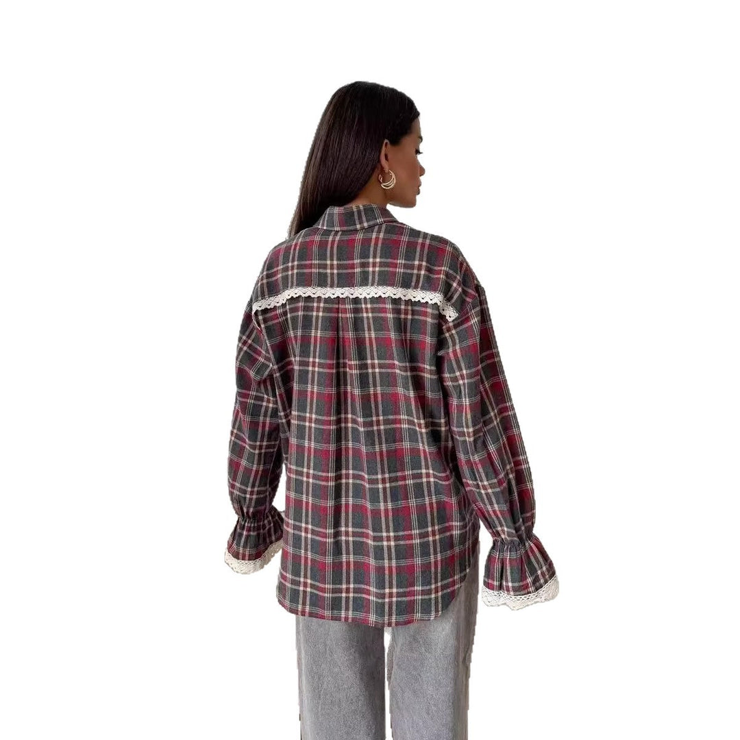 Womens Retro Loose-Fit Plaid Shirt