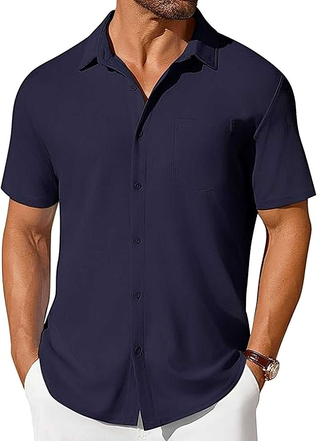 Mens Short-sleeve Button-up Wrinkle- And Crease-resistant Shirt