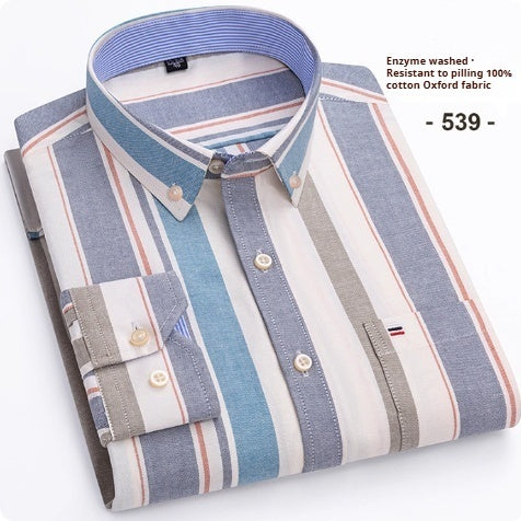 Slim fit men's pure cotton oxford plaid long-sleeved shirt with lapel collar and button closure