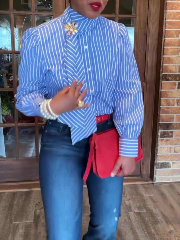 Blue & White Striped Removable Bow Tie Long Sleeve Shirt