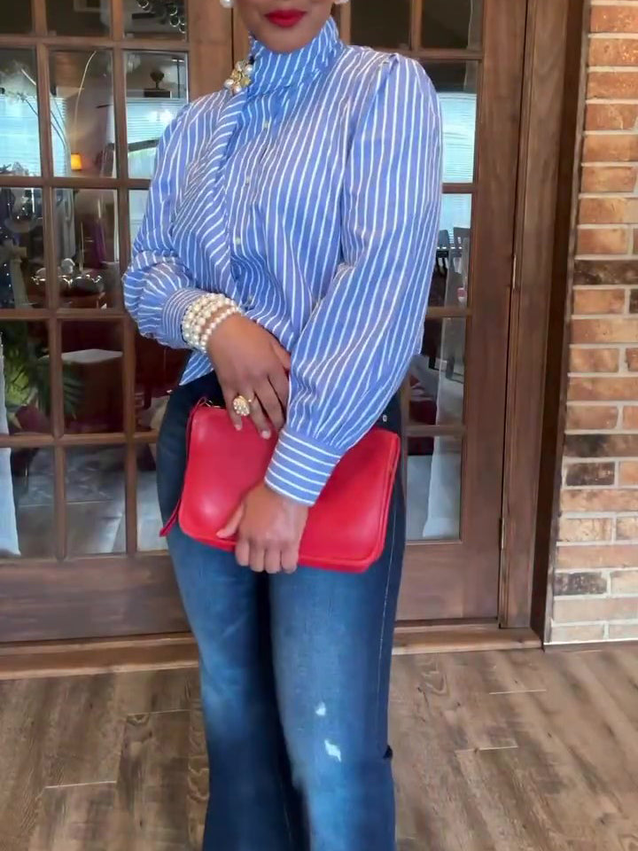 Blue & White Striped Removable Bow Tie Long Sleeve Shirt