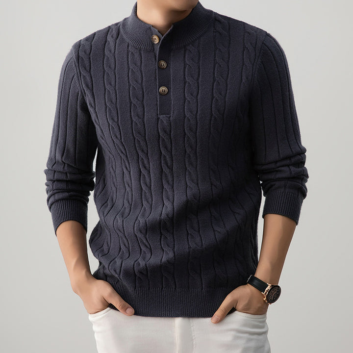 Half-height Henry Collar Button Twisted Sweater Thick Fashion Men's Knitwear