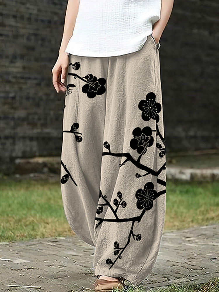 Womens Retro Artistic Floral Print Casual All-Match Pants