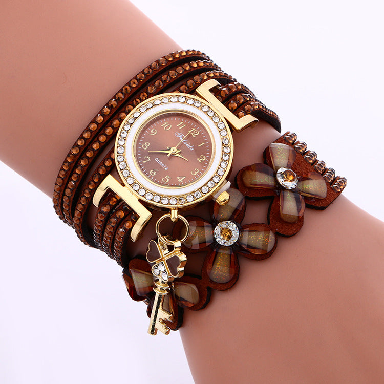 Gold crystal rhinestone bracelet watch with quartz movement and alloy case