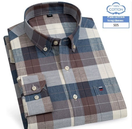 Middle-aged Men's Long Sleeve Pure Cotton Plaid Shirt