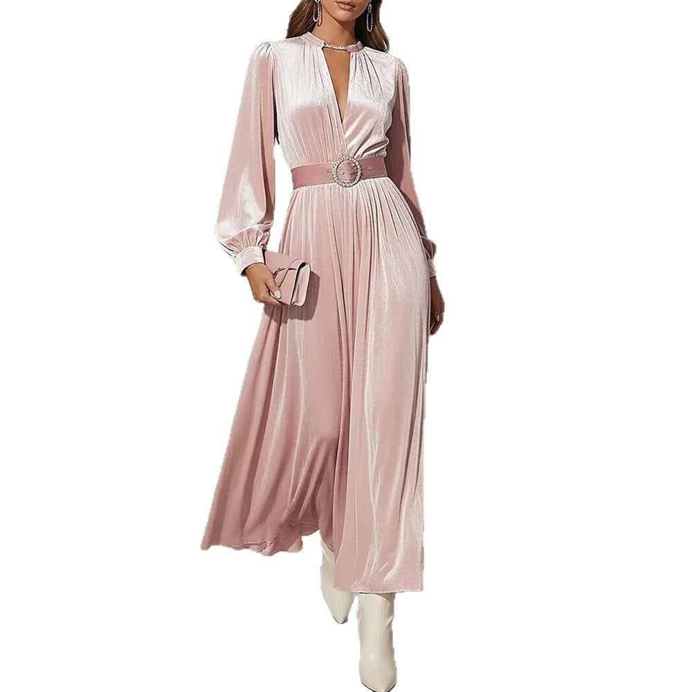Slimming Waist-cinched Long Dress In Solid Color With A V-neck And Gold Velvet Fabric