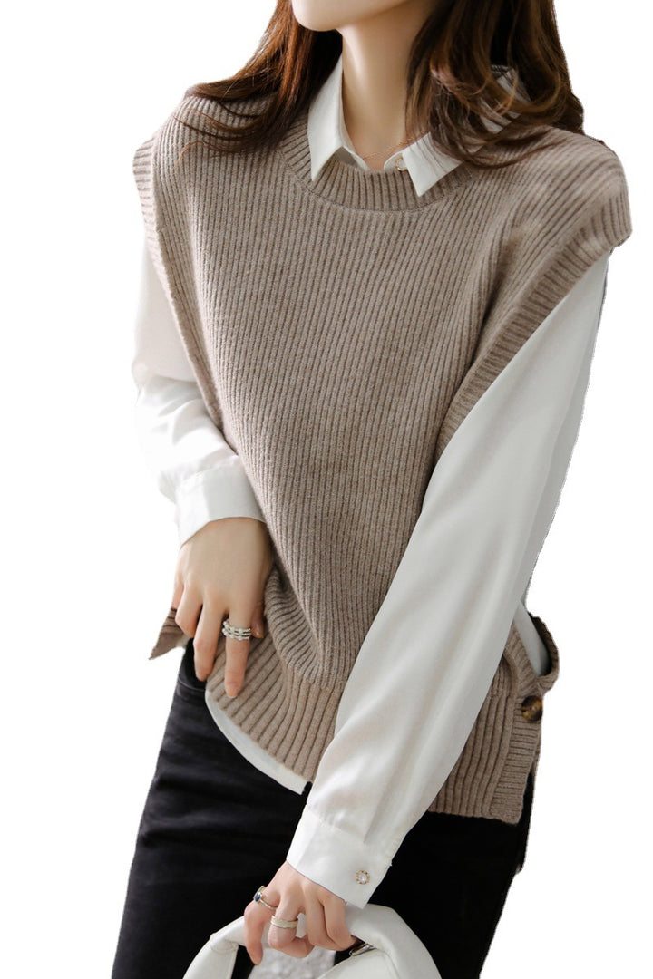 Womens Knitted Crew-Neck Vest Casual Loose-Fit Sleeveless Waistcoat