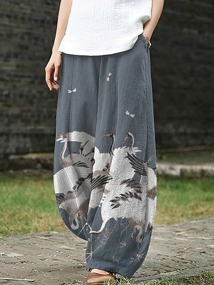 Womens Retro Artistic Floral Print Casual All-Match Pants