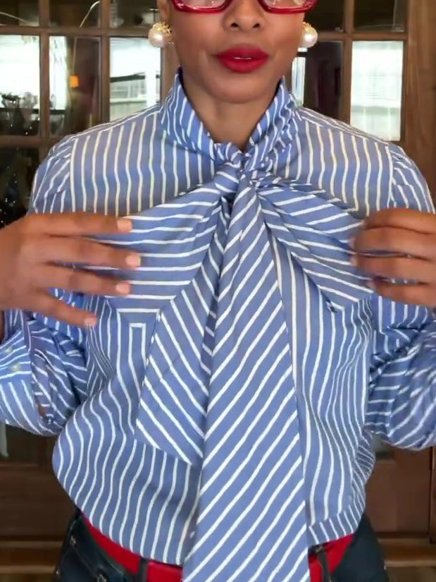 Blue & White Striped Removable Bow Tie Long Sleeve Shirt