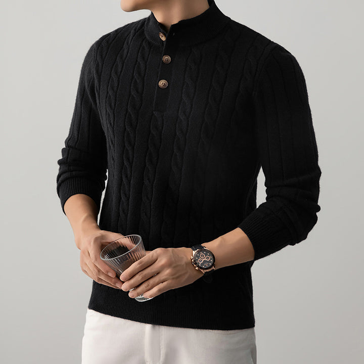 Half-height Henry Collar Button Twisted Sweater Thick Fashion Men's Knitwear