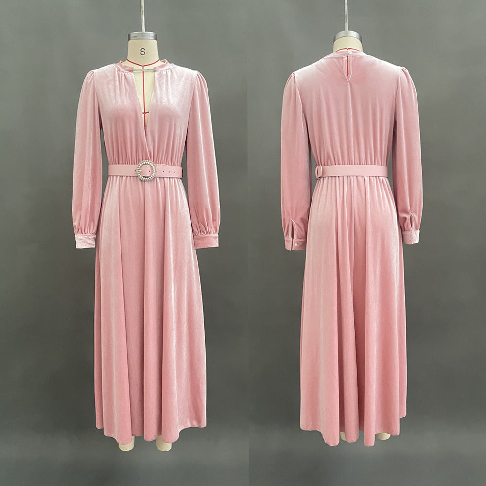 Slimming Waist-cinched Long Dress In Solid Color With A V-neck And Gold Velvet Fabric