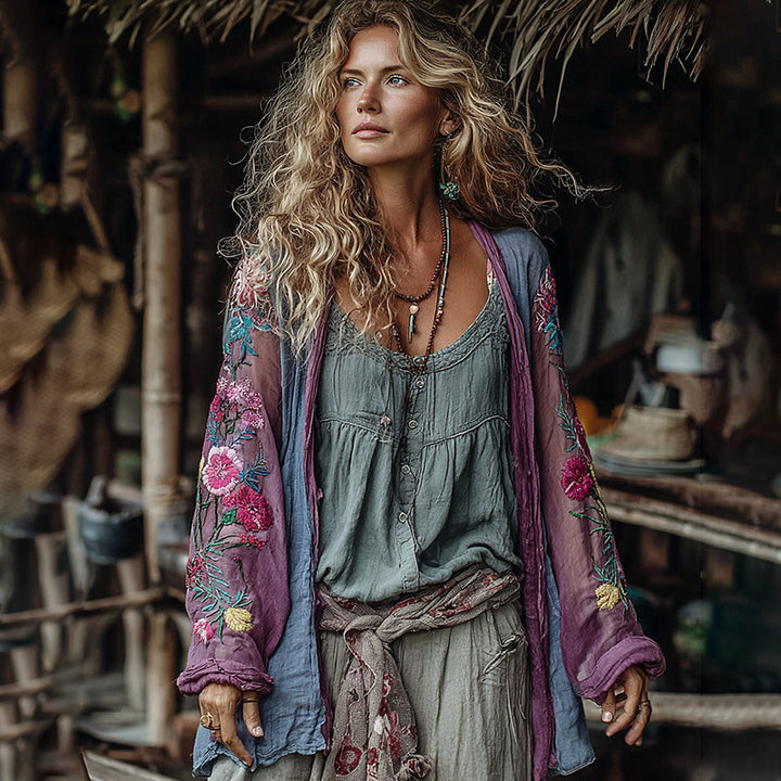 Linen Shawl-printed Buttonless Shirt Travel Ethnic-style Shawl