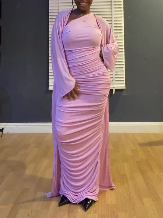 Draped Ruched One Shoulder Maxi Dress & Matching Shawl 2-Piece Set