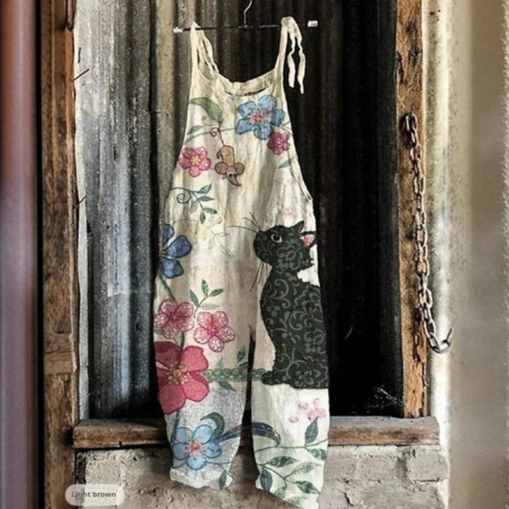 Womens Retro Sleeveless Jumpsuit With Floral Print And Suspender Straps