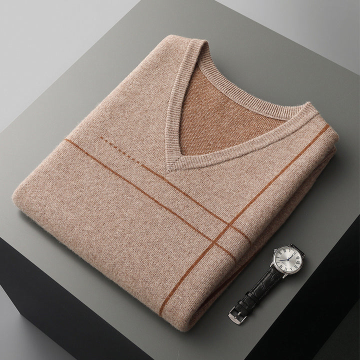 Men's Striped Pullover V-neck Knitted Sleeveless Pure Wool Top