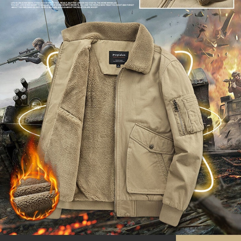 Men's winter lambskin cotton-padded jacket in khaki, black, and army green with fleece lining and loose fit