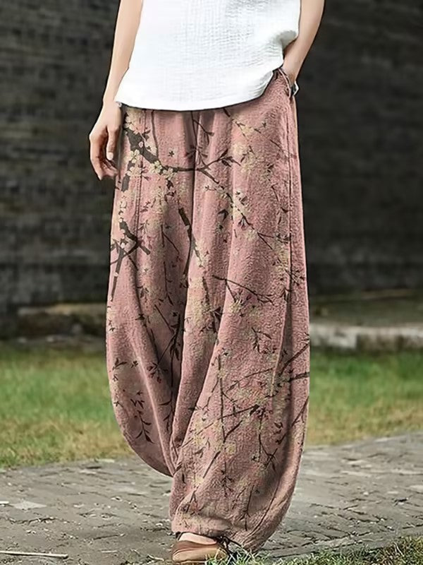 Womens Retro Artistic Floral Print Casual All-Match Pants