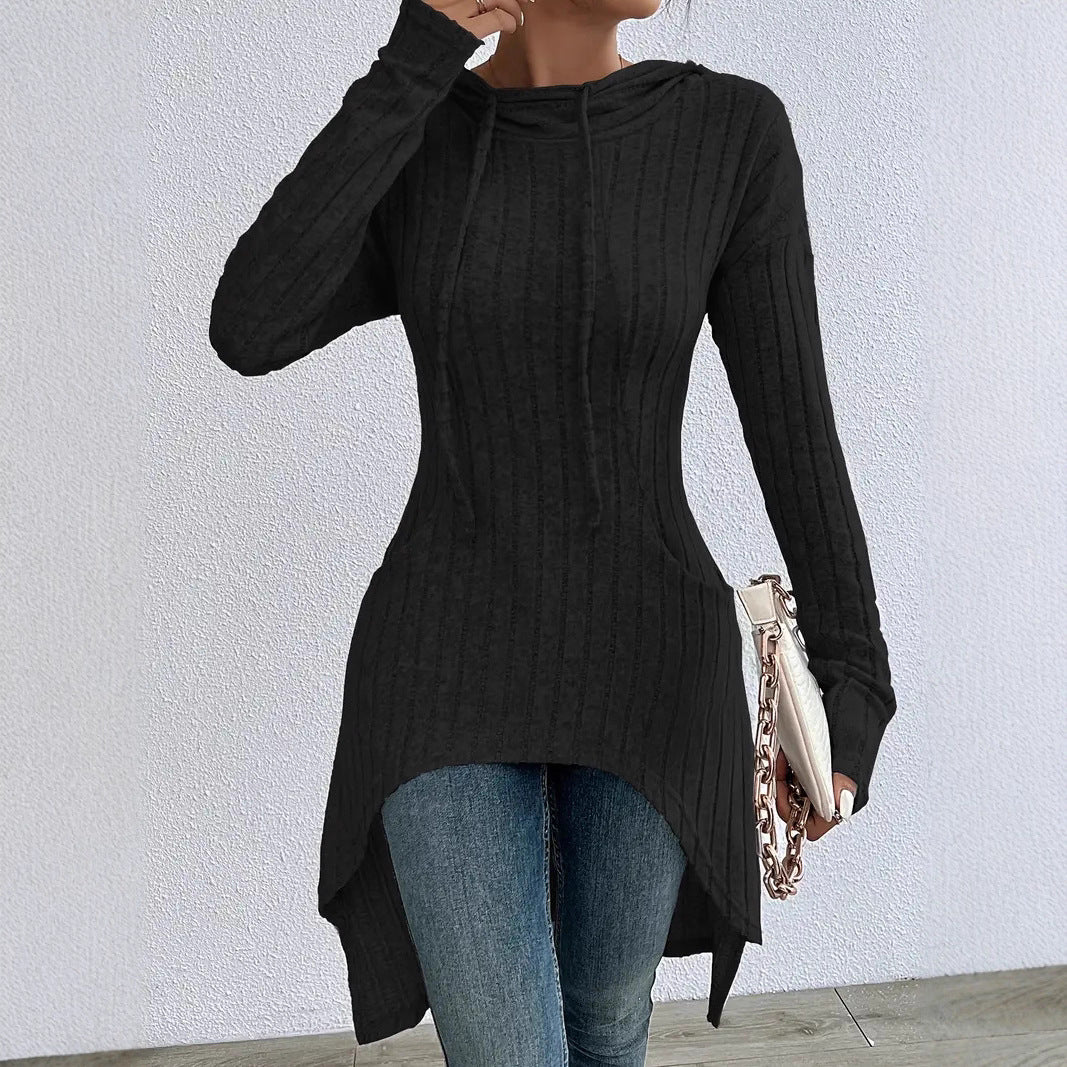 Irregular Mid-length Drawstring Long-sleeve Hoodie Jacket