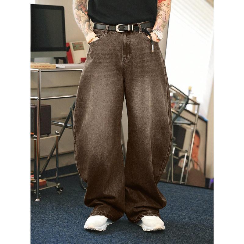 Men's Brown Washed Loose Flared Jeans
