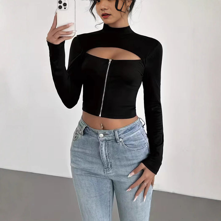 Elegant High-neck Zip-up Long-sleeve Stretch Top