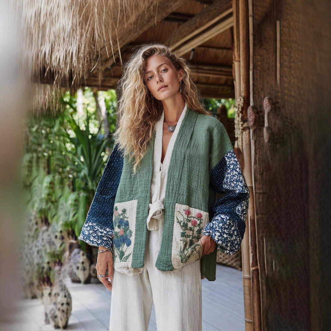 Linen Shawl-printed Buttonless Shirt Travel Ethnic-style Shawl