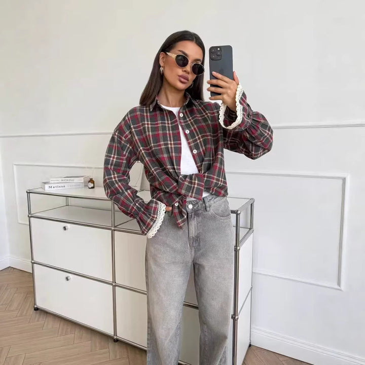 Womens Retro Loose-Fit Plaid Shirt