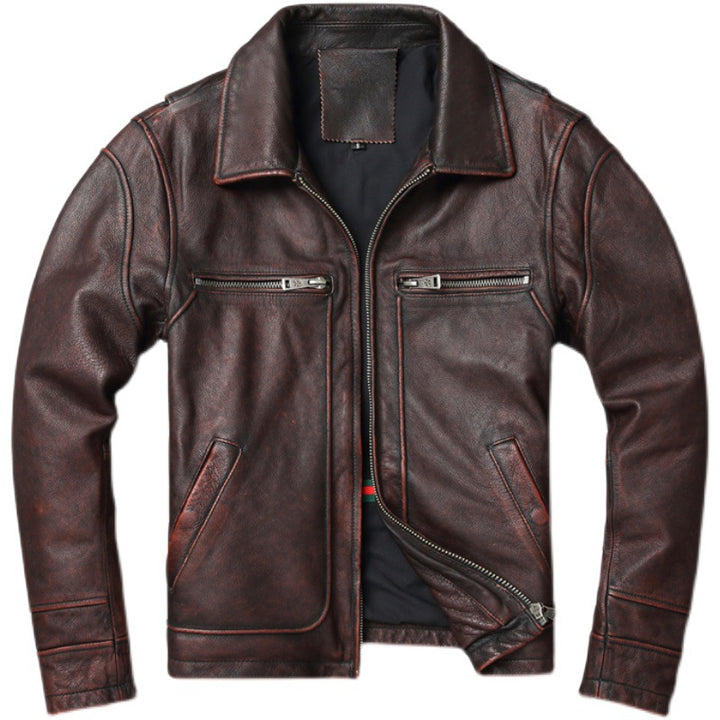 Retro Pure First Layer Cowhide Leather Men's Short Motorcycle Stonewashed Distressed Coat