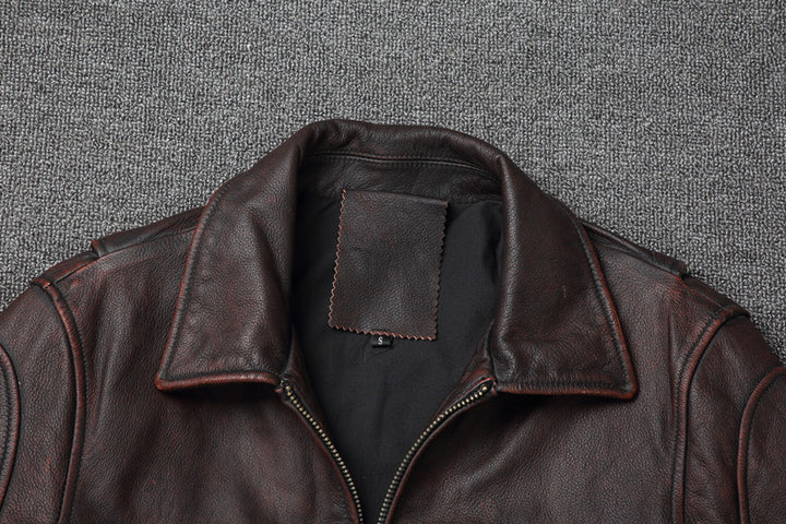 Retro Pure First Layer Cowhide Leather Men's Short Motorcycle Stonewashed Distressed Coat