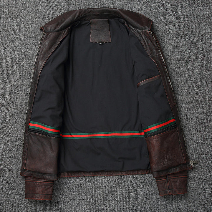 Retro Pure First Layer Cowhide Leather Men's Short Motorcycle Stonewashed Distressed Coat