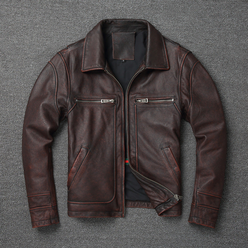 Retro reddish brown first layer cowhide leather men's short motorcycle coat