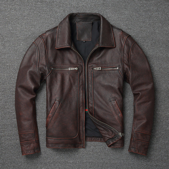 Retro reddish brown first layer cowhide leather men's short motorcycle coat