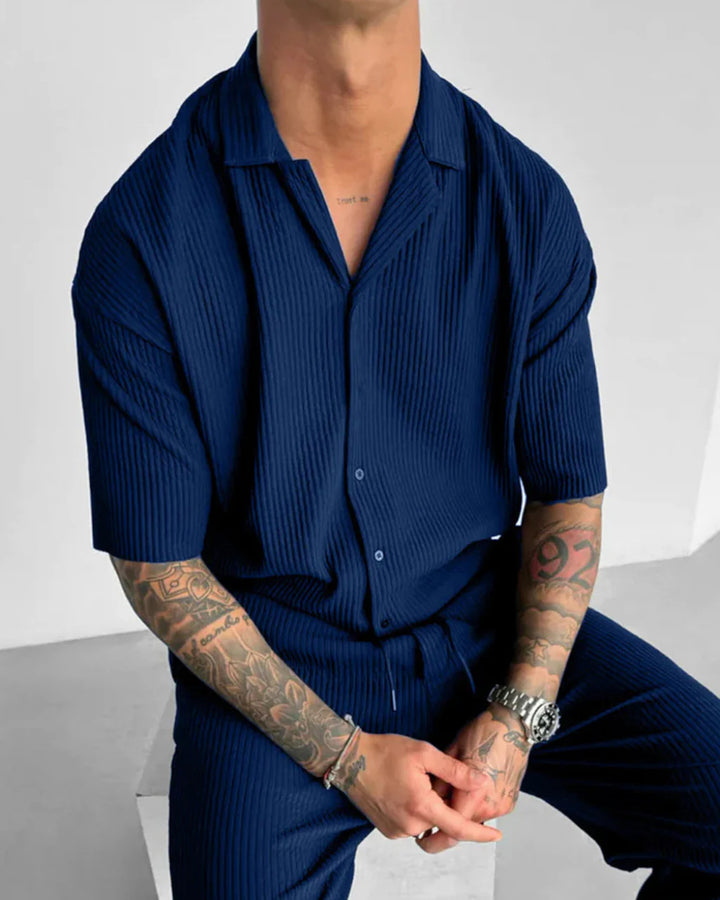 Mens Solid-Color Short-Sleeve Casual Cardigan Shirt