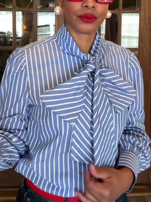 Blue & White Striped Removable Bow Tie Long Sleeve Shirt