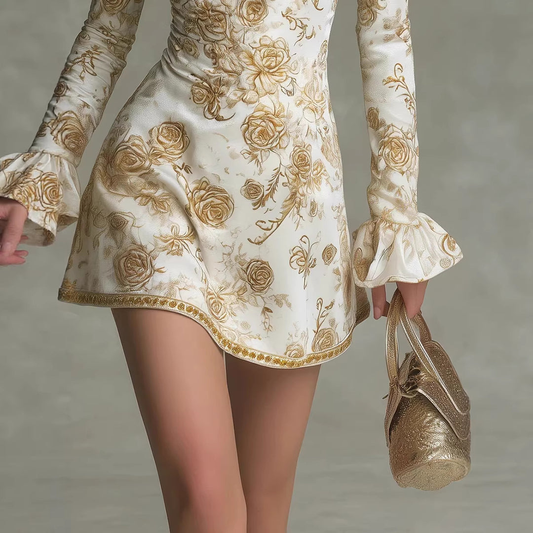 French Retro Floral Print Square-Neck Backless Dress